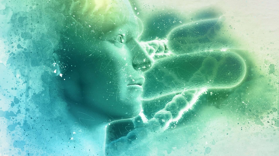 3D grunge DNA medical background with male figure with brain and virus cells