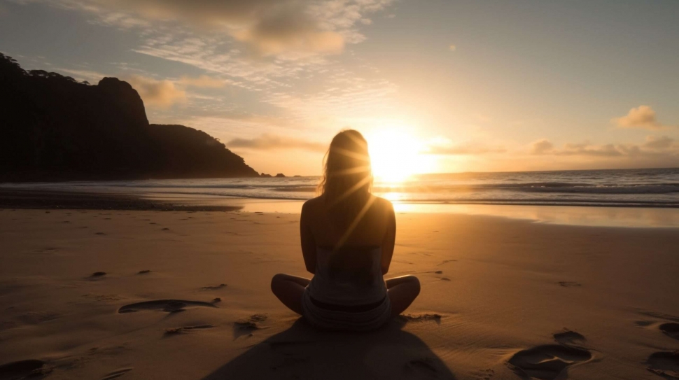 One woman meditates, backlit by tranquil sunrise generated by artificial intelligence