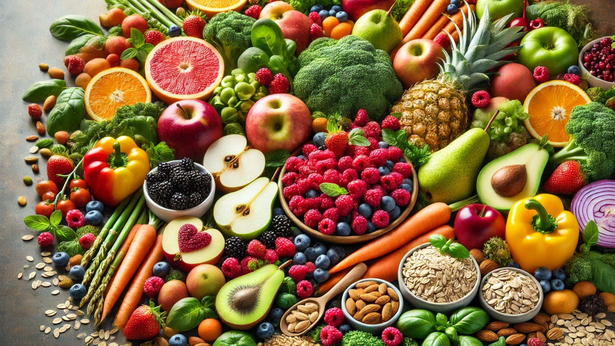 DALL·E 2024-09-08 18.45.06 - A colorful and vibrant arrangement of fiber-rich foods, featuring fresh fruits like apples, pears, raspberries, and blackberries, along with vegetable